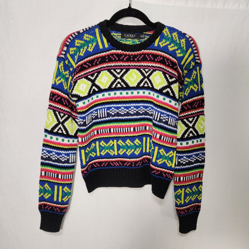 LAUREN Unisex Multicolor Geo-Motif Cotton-Linen Crewneck Sweater Size XS Ex. Con
